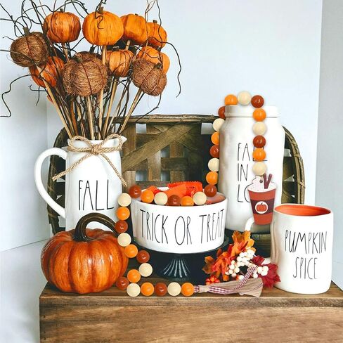 Huray Rayho اليقطين التوابل الخشب الخرزة إكليل ديكورات المزرعة الخريف الخرز الخشبي الريفي موسم الخريف ديكور صينية متدرجة مع شرابات بنية منقوشة زخارف اليقطين التوابل لاتيه in Kuwait