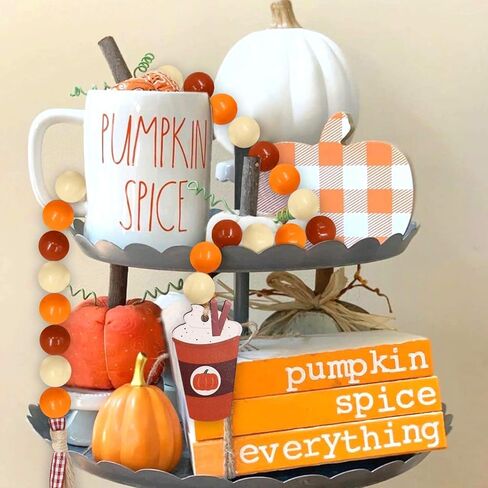 Huray Rayho اليقطين التوابل الخشب الخرزة إكليل ديكورات المزرعة الخريف الخرز الخشبي الريفي موسم الخريف ديكور صينية متدرجة مع شرابات بنية منقوشة زخارف اليقطين التوابل لاتيه in Kuwait