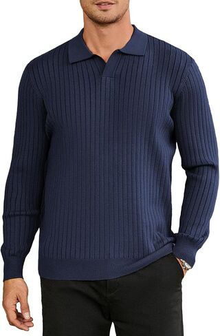 Hardaddy Men's Ribbed Knit Sweater Collared V Neck Polo Shirts Casual Long Sleeve Polo Sweater Solid Pullover Tops in Kuwait