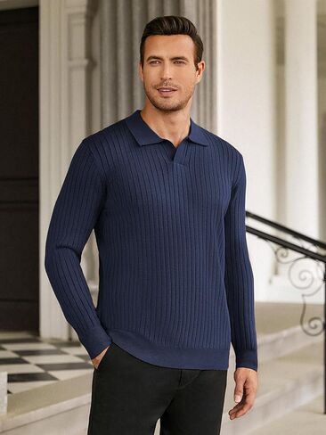 Hardaddy Men's Ribbed Knit Sweater Collared V Neck Polo Shirts Casual Long Sleeve Polo Sweater Solid Pullover Tops in Kuwait