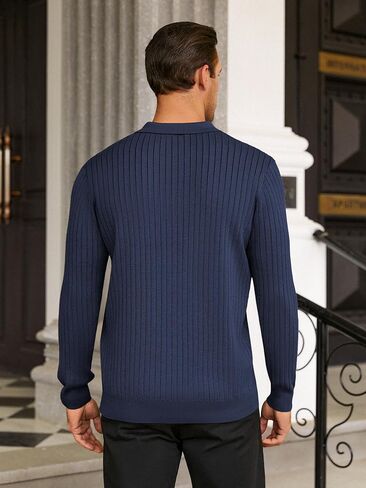 Hardaddy Men's Ribbed Knit Sweater Collared V Neck Polo Shirts Casual Long Sleeve Polo Sweater Solid Pullover Tops in Kuwait
