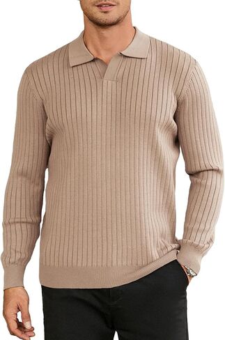 Hardaddy Men's Ribbed Knit Sweater Collared V Neck Polo Shirts Casual Long Sleeve Polo Sweater Solid Pullover Tops in Saudi Arabia