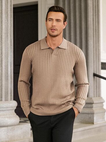 Hardaddy Men's Ribbed Knit Sweater Collared V Neck Polo Shirts Casual Long Sleeve Polo Sweater Solid Pullover Tops in Saudi Arabia