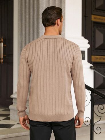Hardaddy Men's Ribbed Knit Sweater Collared V Neck Polo Shirts Casual Long Sleeve Polo Sweater Solid Pullover Tops in Saudi Arabia