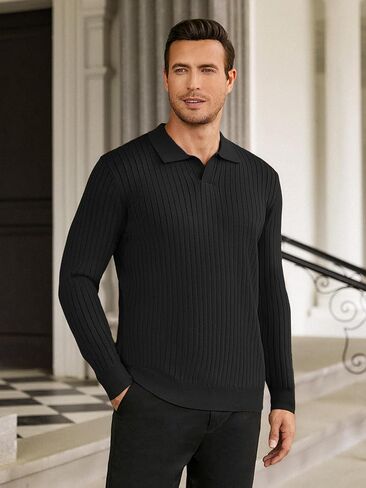 Hardaddy Men's Ribbed Knit Sweater Collared V Neck Polo Shirts Casual Long Sleeve Polo Sweater Solid Pullover Tops in Saudi Arabia