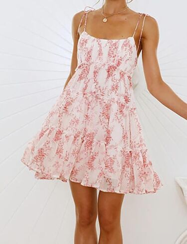Gihuo Womens Floral Mini Dress Boho Flowy Skater Spaghetti Strap Ruffle Sleeveless Beach Dress 2024 Summer Sundresses in Kuwait