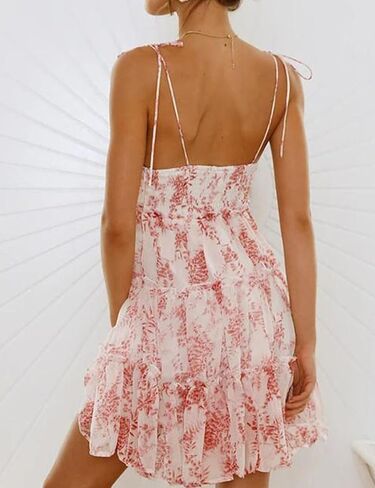 Gihuo Womens Floral Mini Dress Boho Flowy Skater Spaghetti Strap Ruffle Sleeveless Beach Dress 2024 Summer Sundresses in Kuwait