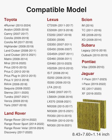 فلتر هواء كابينة بوروما مع الكربون المنشط متوافق مع CP285، CF10285، تويوتا كامري، RAV4، هايلاندر، كورولا، سيينا، تندرا، بريوس، 4 رنر، سوبارو أوت باك، ليكسوس، سيون، لاند روفر (أصفر) in Kuwait