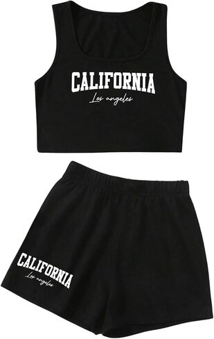 Verdusa Girl's 2 Piece Letter Print Sets Square Neck Cropped Tank Top and Elastic Waist Shorts in Saudi Arabia