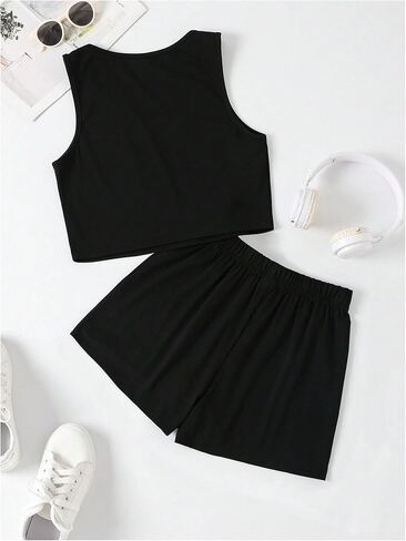 Verdusa Girl's 2 Piece Letter Print Sets Square Neck Cropped Tank Top and Elastic Waist Shorts in Saudi Arabia