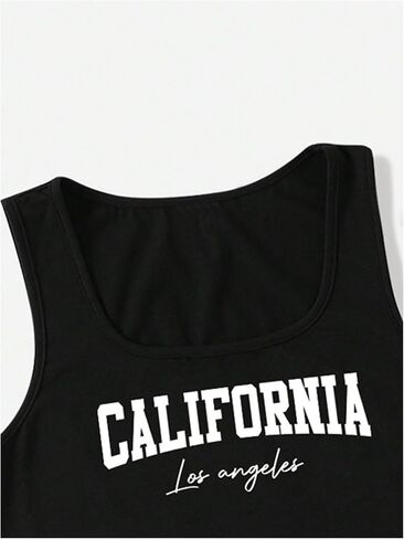 Verdusa Girl's 2 Piece Letter Print Sets Square Neck Cropped Tank Top and Elastic Waist Shorts in Saudi Arabia