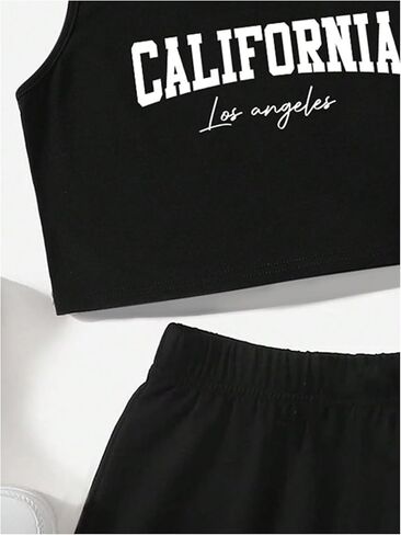 Verdusa Girl's 2 Piece Letter Print Sets Square Neck Cropped Tank Top and Elastic Waist Shorts in Saudi Arabia