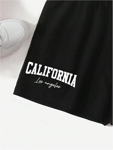 Verdusa Girl's 2 Piece Letter Print Sets Square Neck Cropped Tank Top and Elastic Waist Shorts in Saudi Arabia