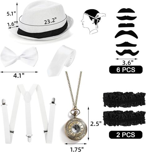 14 قطعة من إكسسوارات العشرينيات للرجال، مجموعة أزياء رجالية هادرة، قبعة بنما العصابات، ساعة جيب بربطات عنق على شكل فيونكة، أربطة ذراع لربط اللحية للأولاد وحفلات إزالة الأعشاب الضارة in Kuwait