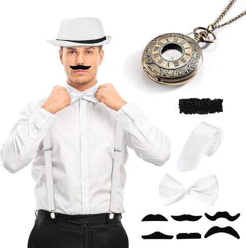 14 قطعة من إكسسوارات العشرينيات للرجال، مجموعة أزياء رجالية هادرة، قبعة بنما العصابات، ساعة جيب بربطات عنق على شكل فيونكة، أربطة ذراع لربط اللحية للأولاد وحفلات إزالة الأعشاب الضارة in Kuwait