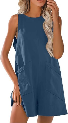 Womens Summer Casual Romper Stretchy Crew Neck Onsie Sleeveless Shorts Jumpsuits One Piece Overall With Pockets in Saudi Arabia