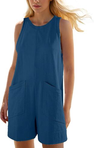 Womens Summer Casual Romper Stretchy Crew Neck Onsie Sleeveless Shorts Jumpsuits One Piece Overall With Pockets in Saudi Arabia