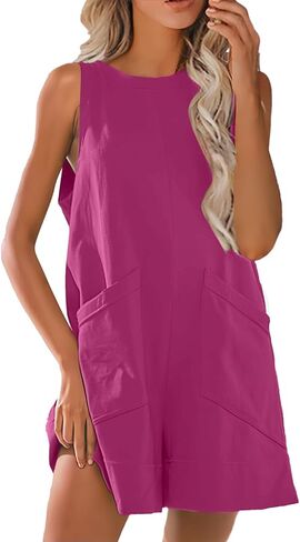 Womens Summer Casual Romper Stretchy Crew Neck Onsie Sleeveless Shorts Jumpsuits One Piece Overall With Pockets in Saudi Arabia