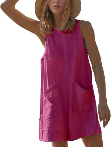 Womens Summer Casual Romper Stretchy Crew Neck Onsie Sleeveless Shorts Jumpsuits One Piece Overall With Pockets in Saudi Arabia