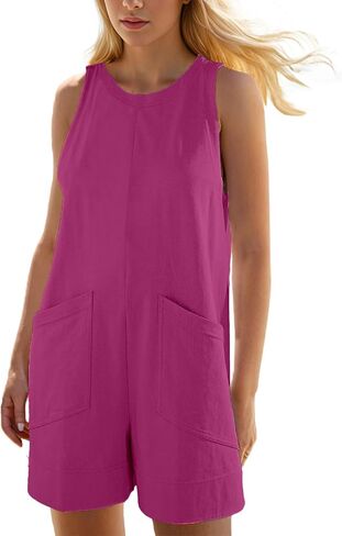 Womens Summer Casual Romper Stretchy Crew Neck Onsie Sleeveless Shorts Jumpsuits One Piece Overall With Pockets in Saudi Arabia