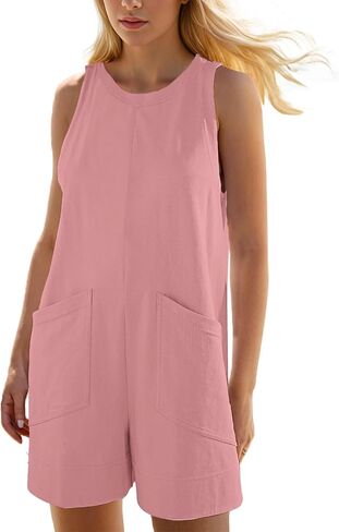 Womens Summer Casual Romper Stretchy Crew Neck Onsie Sleeveless Shorts Jumpsuits One Piece Overall With Pockets in Saudi Arabia