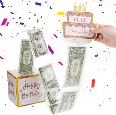 Happy Birthday Money Gift Box, Birthday Box for Cash, Happy Birthday Day Money Box for Cash Gift Pull with 50Pcs Transparent Bags, Pull Out Card, Money Gift Box for Family and Friends in Saudi Arabia