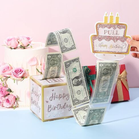 Happy Birthday Money Gift Box, Birthday Box for Cash, Happy Birthday Day Money Box for Cash Gift Pull with 50Pcs Transparent Bags, Pull Out Card, Money Gift Box for Family and Friends in Saudi Arabia