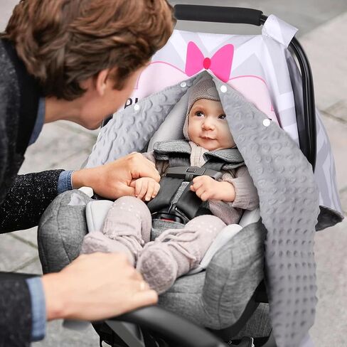 Metplus Minky Baby Car Seat Cover with Peekaboo Opening, No Touch Sign | Warm Carseat Canopy, Fits Stroller & Carrier, Windproof Travel Gear for Autumn/Winter, Baby Shower Gift (Grey Stripes) in Saudi Arabia