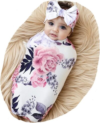 Galabloomer Newborn Receiving Blanket Headband Set Baby Swaddle Mother and Baby (Aqua White Flower) in Saudi Arabia