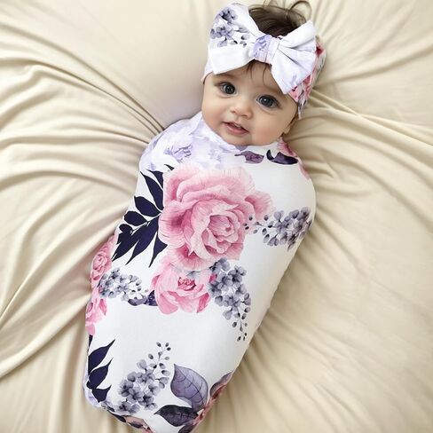Galabloomer Newborn Receiving Blanket Headband Set Baby Swaddle Mother and Baby (Aqua White Flower) in Saudi Arabia