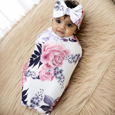 Galabloomer Newborn Receiving Blanket Headband Set Baby Swaddle Mother and Baby (Aqua White Flower) in Saudi Arabia