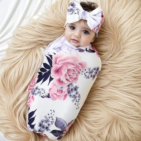 Galabloomer Newborn Receiving Blanket Headband Set Baby Swaddle Mother and Baby (Aqua White Flower) in Saudi Arabia