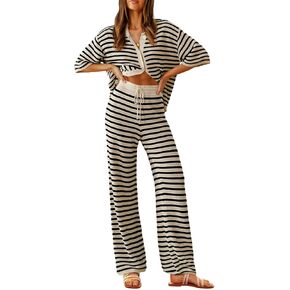 Tankaneo Womens Knit 2 Piece Lounge Sets Striped Short Sleeve Tops and Wide Leg Pants Travel Airport Vacation Outfits