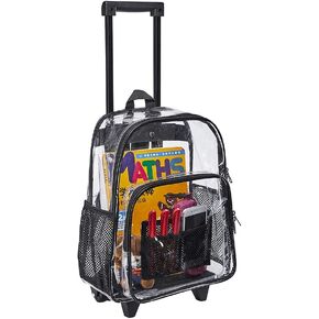 Clearworld Rolling Clear Backpack, Heavy Duty Cold-Resistant Security Transparent PVC Backpack with Wheels (Black) in Kuwait