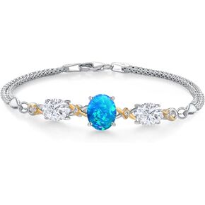 Gem Stone King 925 Silver and 10K Yellow Gold Blue Simulated Opal White Moissanite and White Lab Grown Diamond Bracelet For Women (3.91 Cttw, Oval 10X8MM and 8X6MM, 6.5/7/7.5 Inch, Made in Italy)