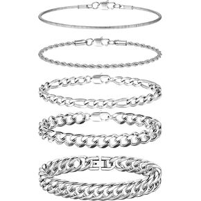 FINREZIO 5Pcs Stainless Steel Bracelets for Men Women Gold Silver Cuban Link Rope Figaro Cuban Chain Bracelet Set for Men 7.48/8.07/8.26 inches
