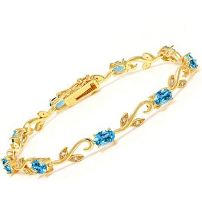 Gem Stone King 18K Yellow Gold Plated Silver Swiss Blue Topaz and Diamond Greek Vine 7 Inch Tennis Bracelet For Women