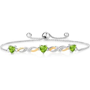 Gem Stone King 1.53 Cttw Heart 5MM Green Peridot and Lab Grown Diamond Heart Shape Bracelet For Women In 925 Silver and 10K Yellow Gold | Fully Adjustable Up to 9 Inch)