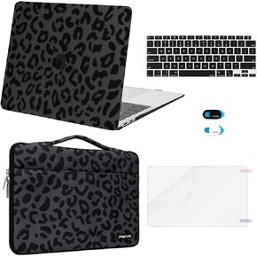 MOSISO Compatible with MacBook Air 13 inch Case 2022-2018 Release A2337 M1 A2179 A1932 Retina Display, Plastic Leopard Grain Hard Shell&Sleeve Bag&Keyboard Skin&Webcam Cover&Screen Protector, Black