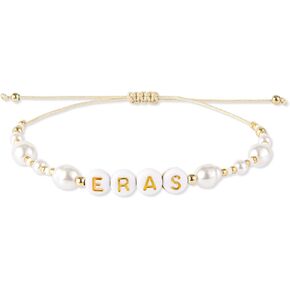 Eras Beaded Bracelet, Engraved Eras Gold Letters Delicate Pearl Beaded Bracelet Adjustable Chain Friendship Inspired Beaded Bracelet Gift for Women Festival Tour Party