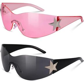 2 Pairs Y2K Sunglasses for Women Men, Trendy Shield Wrap Around Sun Glasses, Rimless Star Sunglasses Oversized Glasses Shades