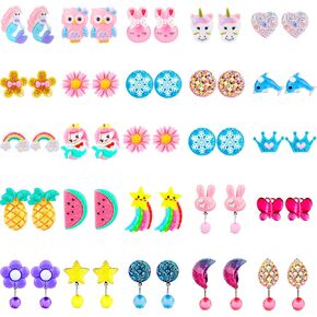 Hicdaw Kids Clip On Earrings for Girls, 25/30 Pairs Party Favor Hypoallergenic Jewelry Earrings for Kids Ages 4-12, Cute Animal Clip On Earrings for Little Girls with No Ear Holes Set Mixcolor