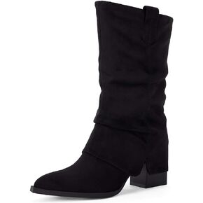 Coutgo Womens Fold Over Boots Wide Calf Pointed Toe Chunky Heel Booties Slip On Slouchy Winter Mid Calf Boot Shoes