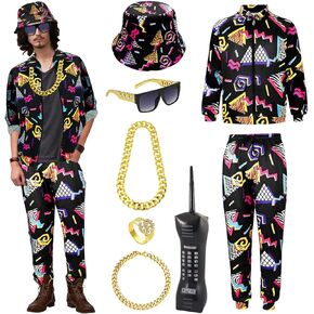 8 Pcs 80s 90s Outfit for Men 80s 90s Tracksuits Hip Hop Costume Accessories Set Rapper Fancy Dress for 80s Disco Rocker Party