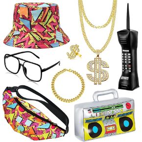 80s 90s Accessories Hip Hop Costumes Outfits Kit for Men Women DJ Rapper Bucket Hat Sunglasses Costume Jewelry