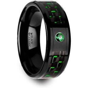 Mens Black Ceramic Black and Green Carbon Fiber Emerald Setting Wedding Ring - Polished Comfort Fit - 8mm Wide - Style Name: HADAR