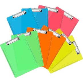 Plastic Clipboards, PANDRI 10 Pack Clear Colored Clipboards, Low Profile Clip Board 12.5 x 9 Inch Standard Letter Size, Office Supplies Classroom