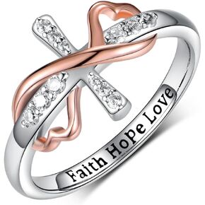 Cross Infinity Ring for Women 925 Sterling Silver Engraved Faith Hope Love Band with Cubic Zirconia,Anniversary Birthday Jewelry Gifts for Mom Women Wife,Size 5-11