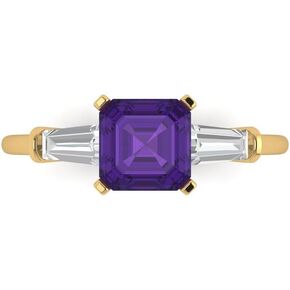 1.62ct Square Emerald cut 3 stone Solitaire Natural Amethyst Designer Anniversary Bridal Engagement Ring 14k Yellow Gold