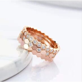 Lun Detail 18K Plated Platinum/Rose Gold Cute Bee Honeycomb Ring Minimalist Women's Geometric 3PCS Set Shiny Cubic Zirconia Diamond Hexagonal Ring Wedding Anniversary Eternity Ring (6#, Rose Gold)
